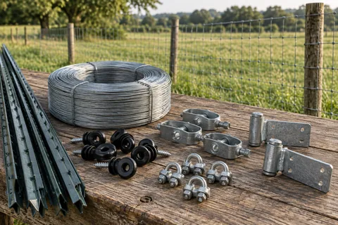 Fence posts, wire, insulators and gate fittings arranged on a worktable