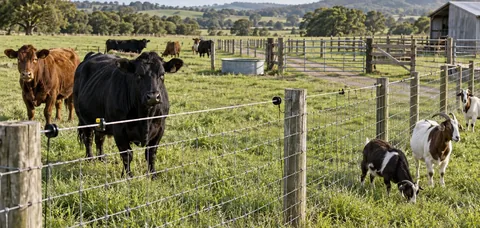 Cattle and goats beside a shared pasture fence