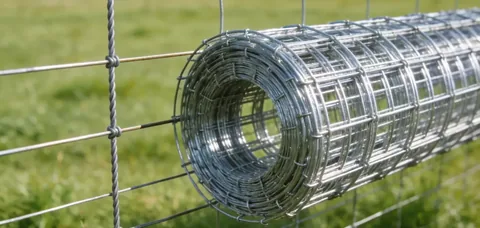 A woven fence roll beside installed pasture mesh