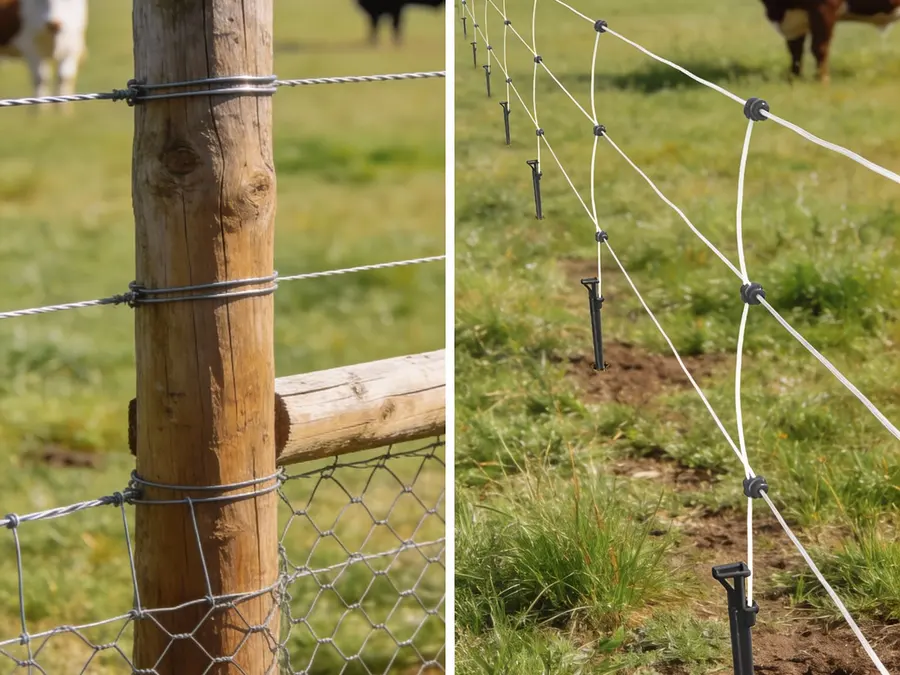 Comparison view of permanent and portable cattle-fence systems