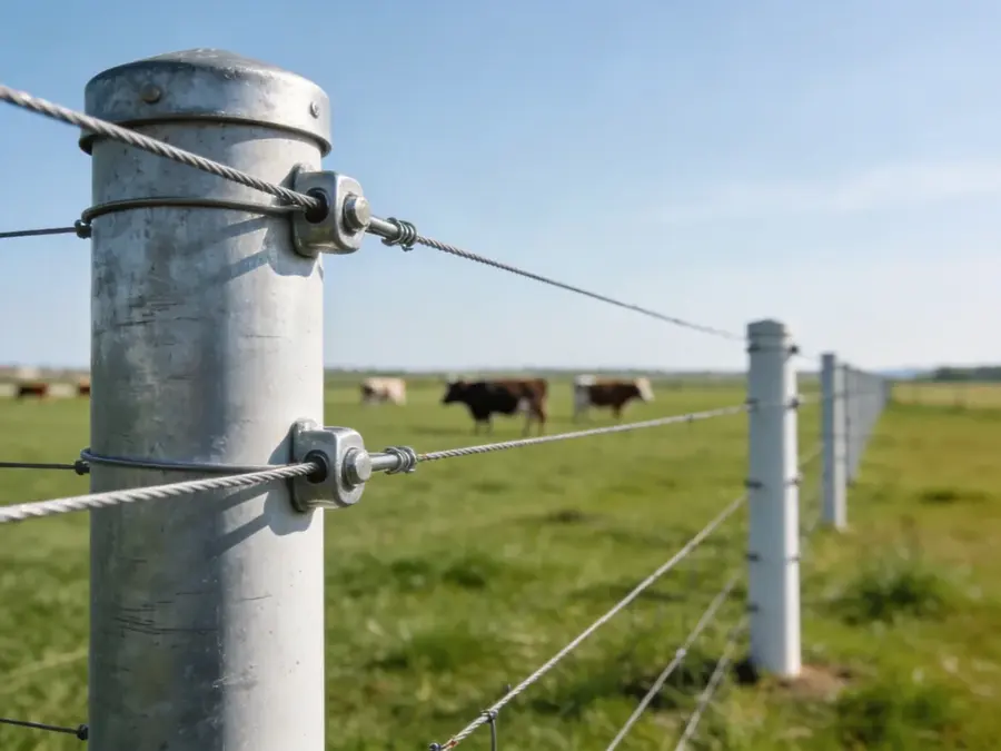 Electric cattle fence conductors and insulators along a pasture