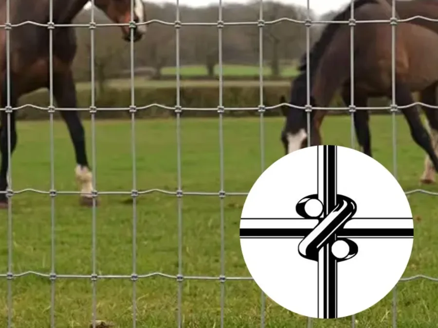 S-knot woven fence with a close-up diagram of the knot joining the stay and line wires