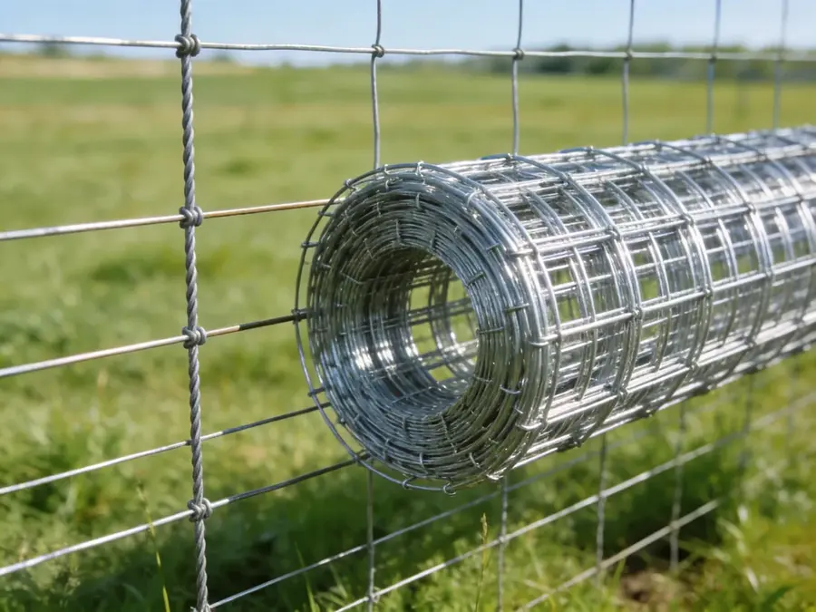Galvanized woven field-fence roll shown against installed wire fencing