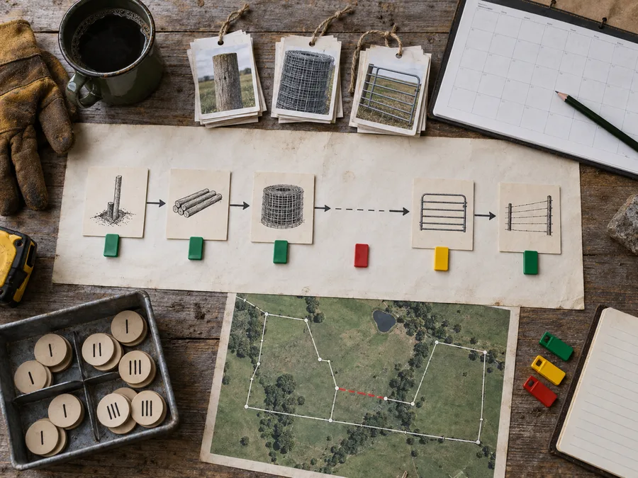 Representative fence-material dependency review with milestone cards, quantity tokens and a pasture map