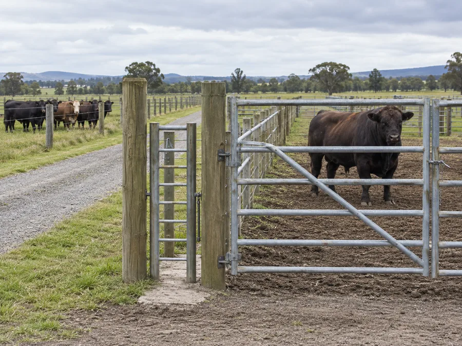 Representative separate bull paddock with closed gate, service lane and escape opening