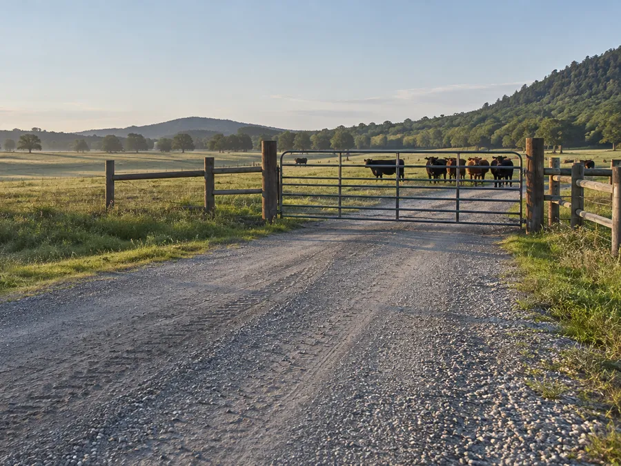 Representative pasture gate scene showing cattle held behind a closed vehicle entrance