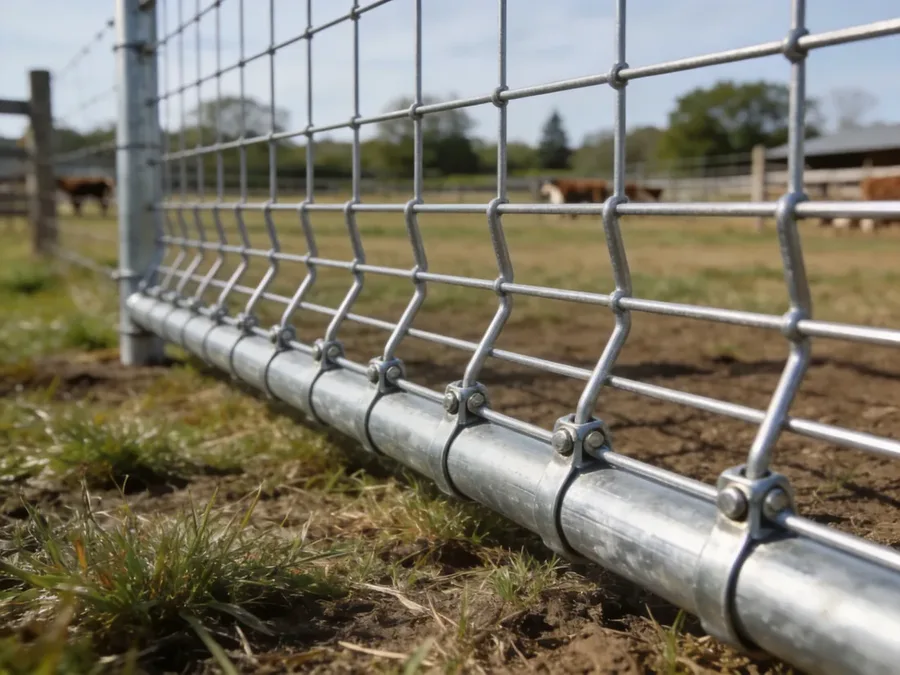 Close view of an installed livestock fence panel and lower rail, illustrating why daily records should identify the exact section and detail photographed
