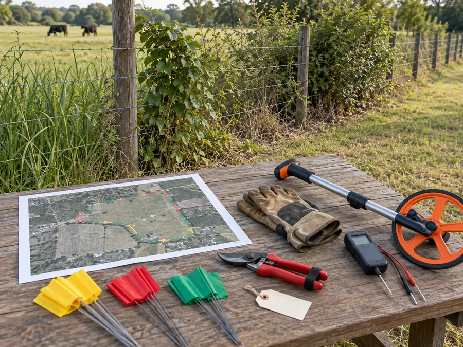 Representative fence-line vegetation planning table with a segment map, flags, gloves, measuring wheel and secured tools