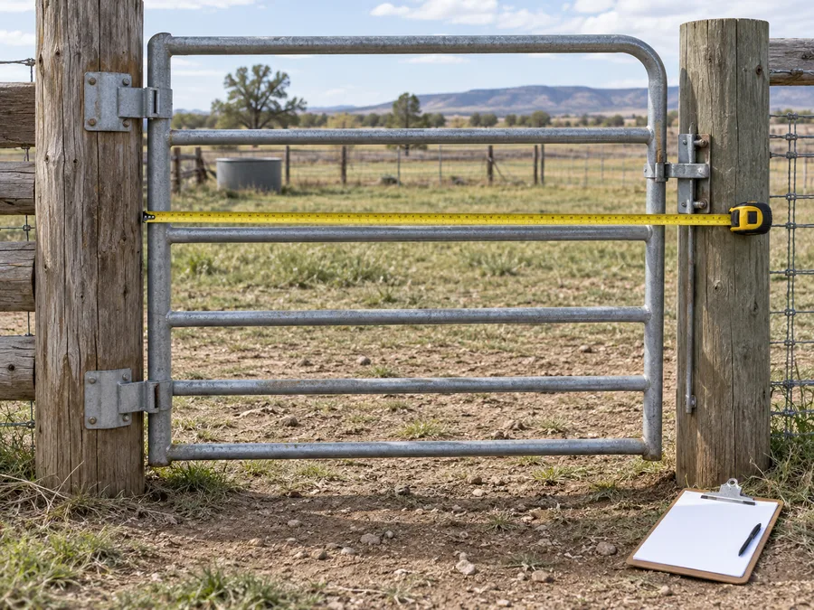 Representative existing cattle gate with hinge and latch posts, tape measure across the opening and blank survey clipboard