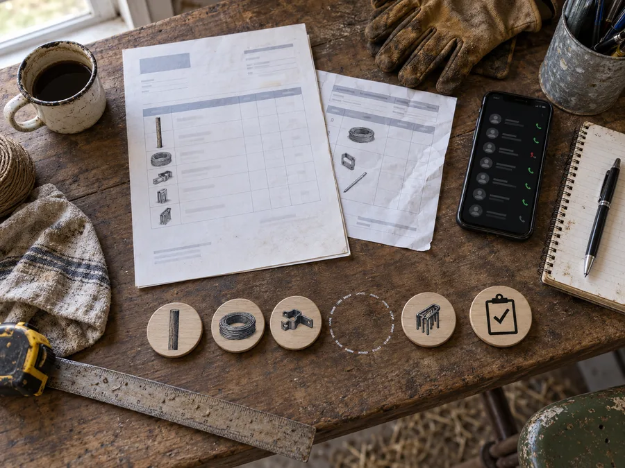 Representative farm-office shortage review with purchase documents, quantity tokens and phone