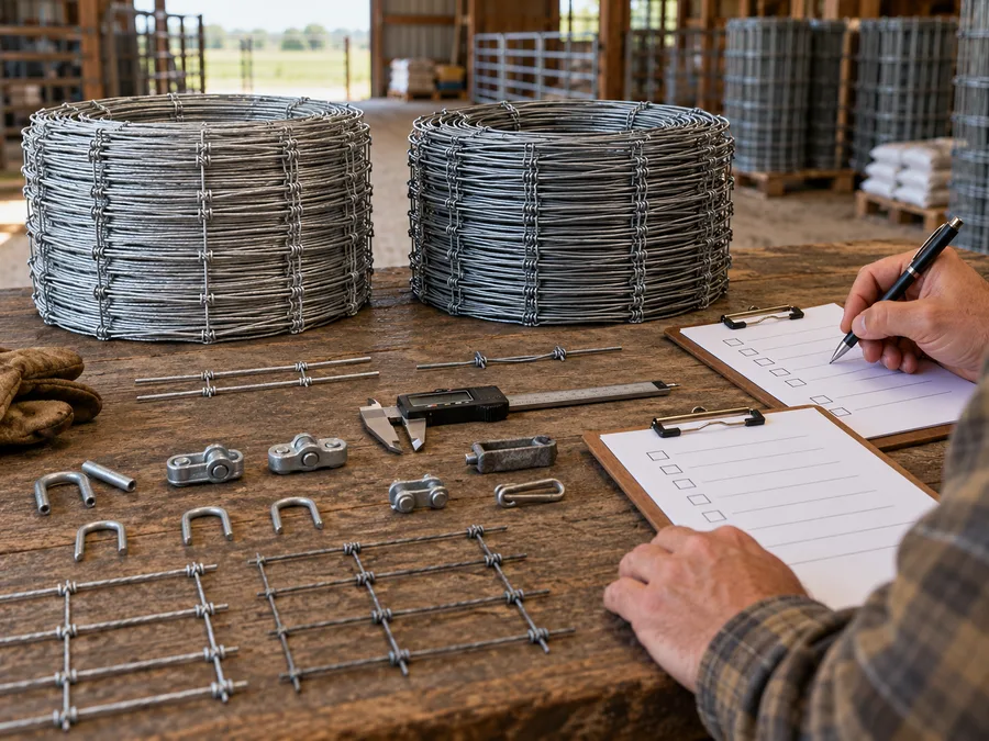 Representative comparison of two cattle fence wire rolls, wire samples, connectors, caliper and blank review checklists