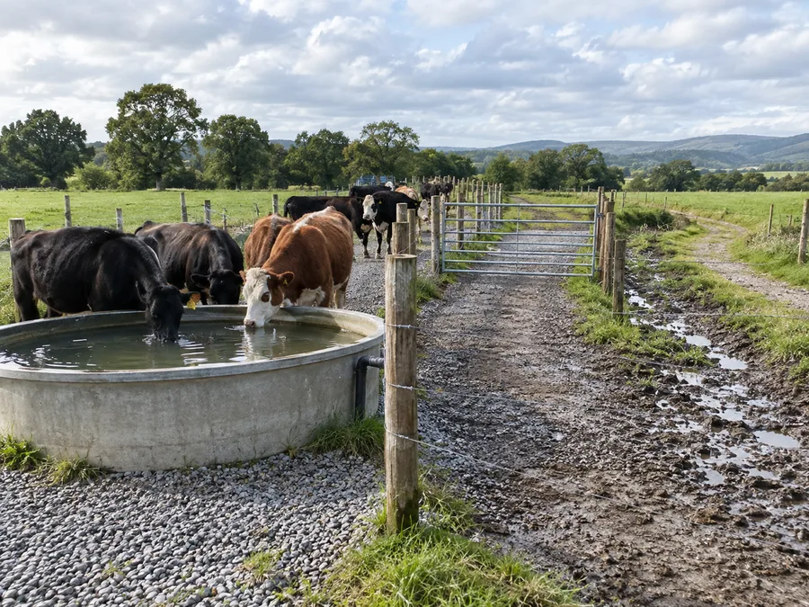 Representative wet-season cattle water point with surfaced approach, muddy edge and separate gate route