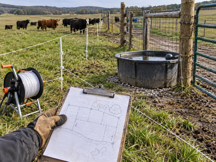 Representative cattle pasture subdivision scene with temporary polywire, reel, water trough, gate and an unlabeled planning sketch