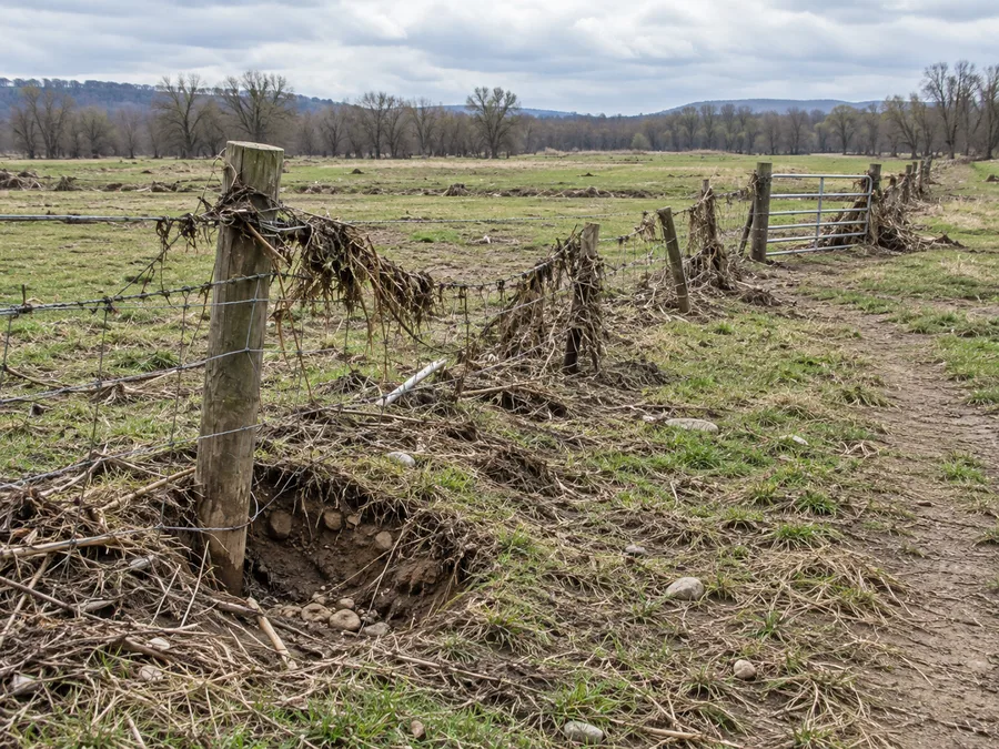 Representative post-flood livestock fence with debris, sagging wire and scoured post bases
