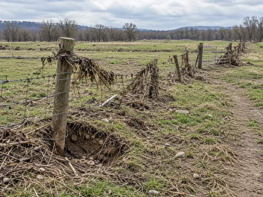 Representative post-windstorm cattle-fence inspection scene with a damaged sector kept separate from cattle