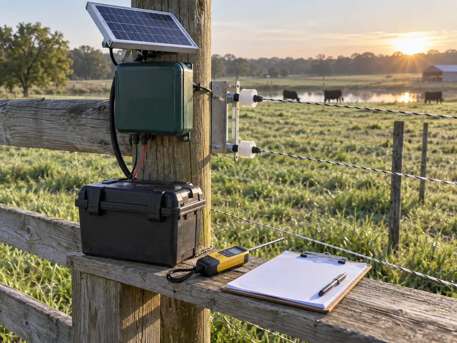 Representative solar fence energizer service point with protected battery enclosure, fence tester and blank inspection clipboard