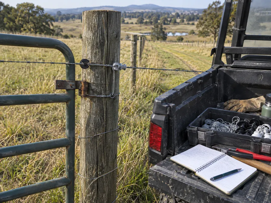 Representative fence inspection stop with gate interface, notebook and unassigned spare categories