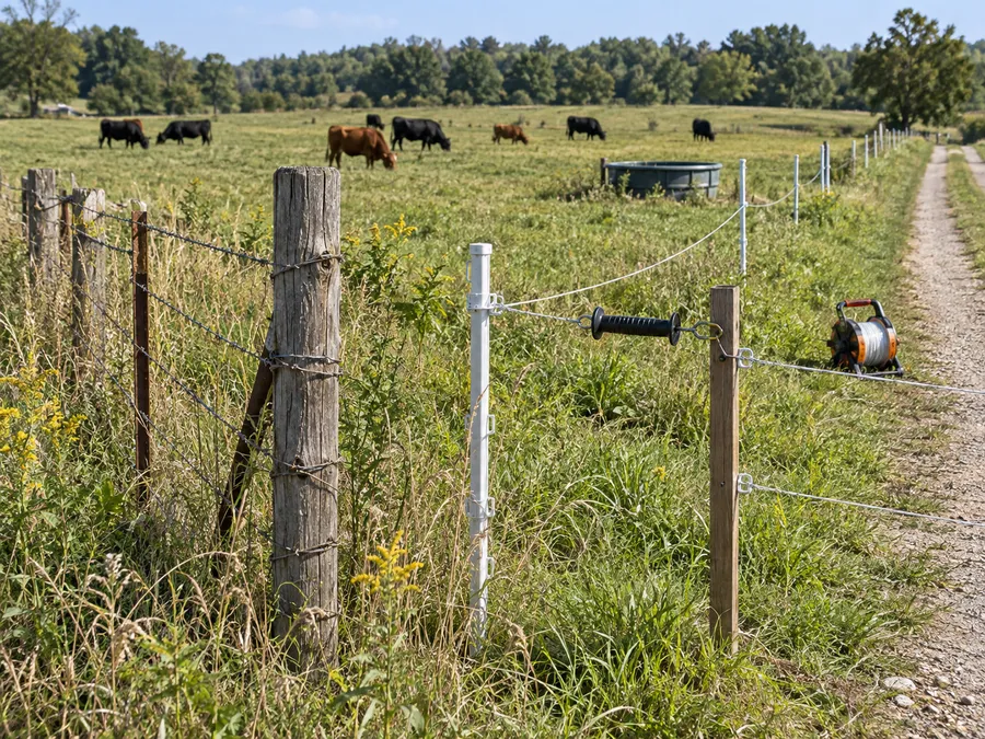 Representative interface between an existing pasture boundary and portable electric fence equipment