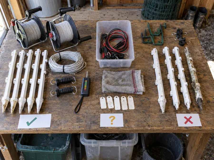 Representative workbench with disconnected temporary electric-fence reels, posts, handles and tester sorted by disposition