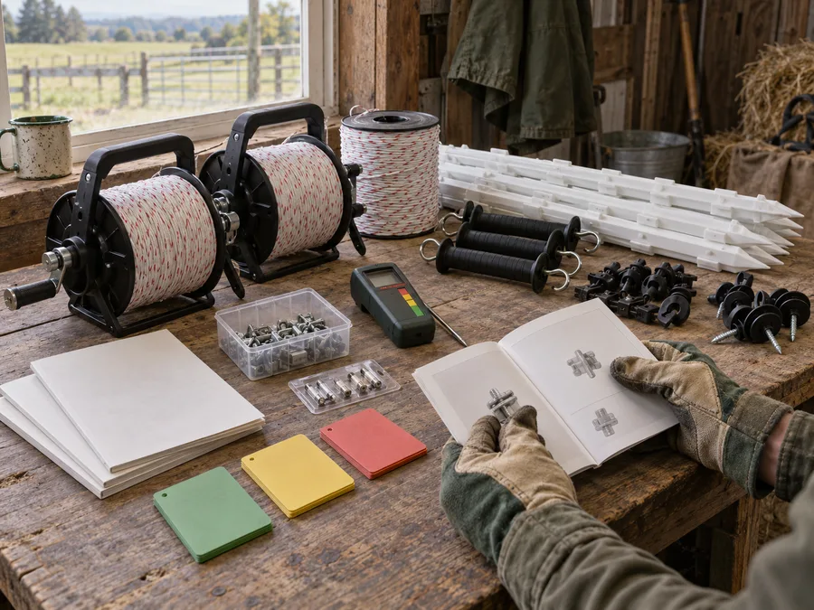 Representative season-start workbench with reels, posts, handles, tester, connectors and component manuals