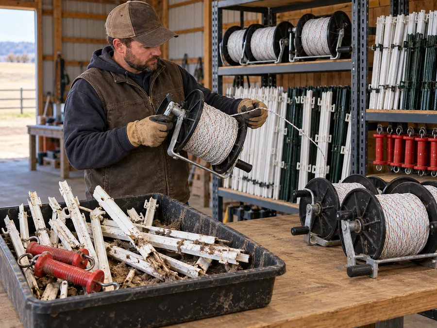 Representative return inspection of temporary electric fence reels, polywire, step-in posts and gate handles in a ranch workshop