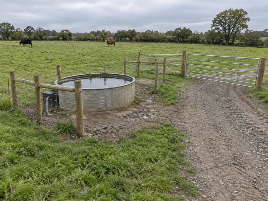 Representative pasture water trough beside a fence enclosure and maintenance gate