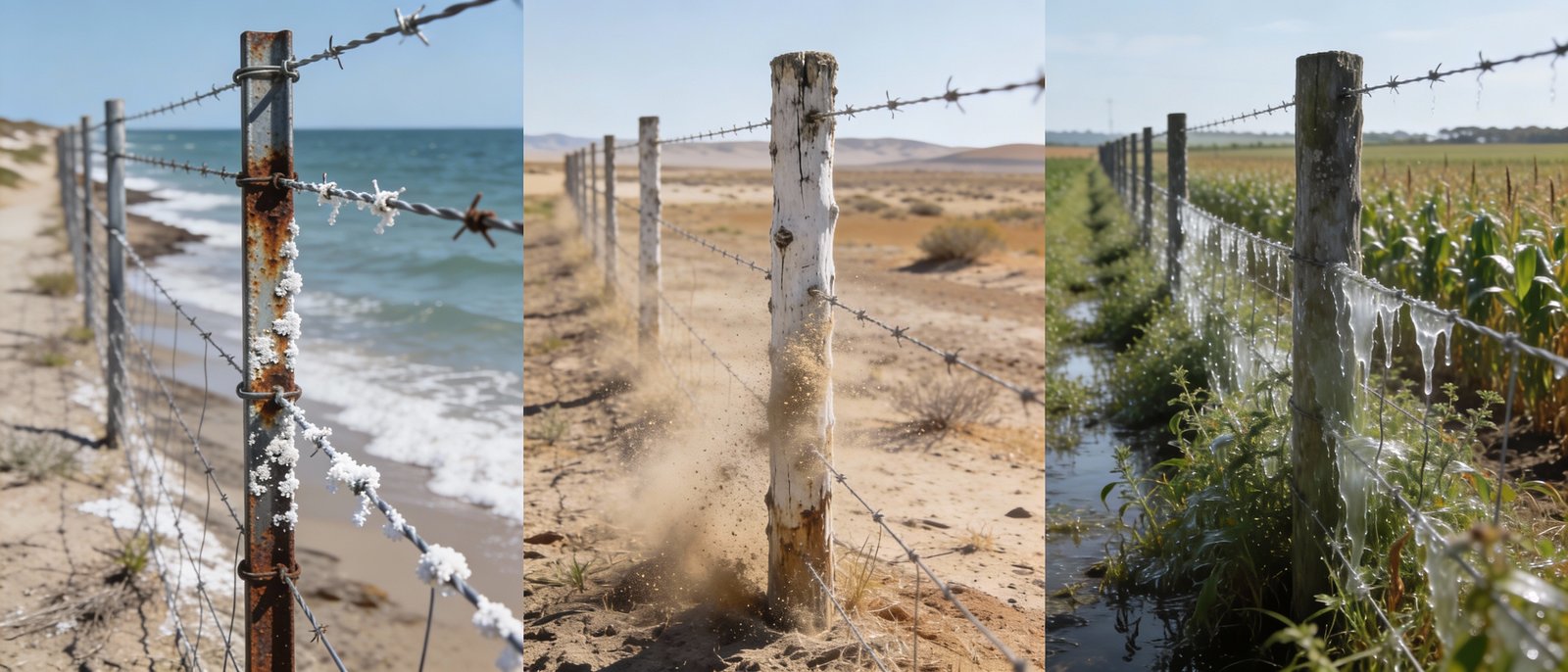 Cattle fence wire corrosion and performance differences across coastal, dry, and humid environments