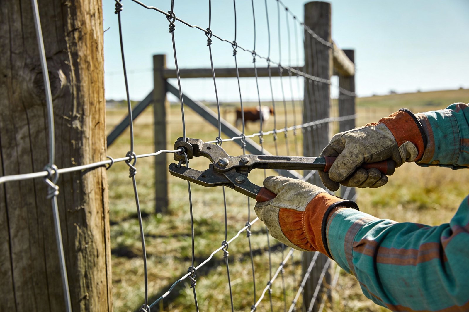 Proper tensioning of woven cattle fence wire using fence stretcher during professional installation
