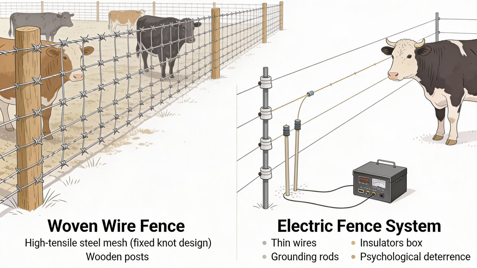 Diagram comparing woven wire fence physical barrier vs electric fence psychological barrier for cattle
