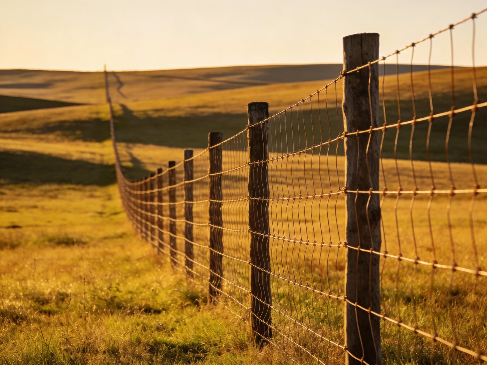 Professional woven cattle fence installation on ranch land