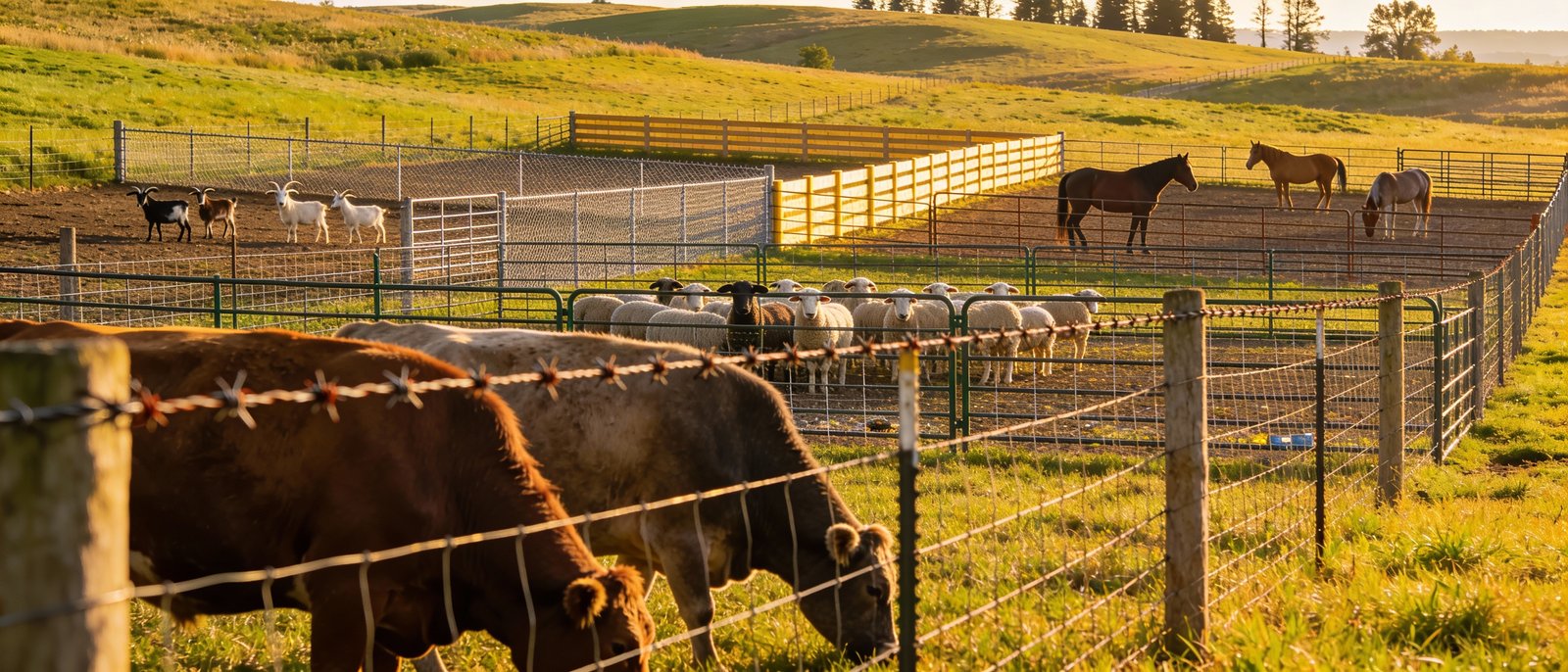 Livestock fencing overview showing cattle, sheep, goats, and horses with different fence wire systems