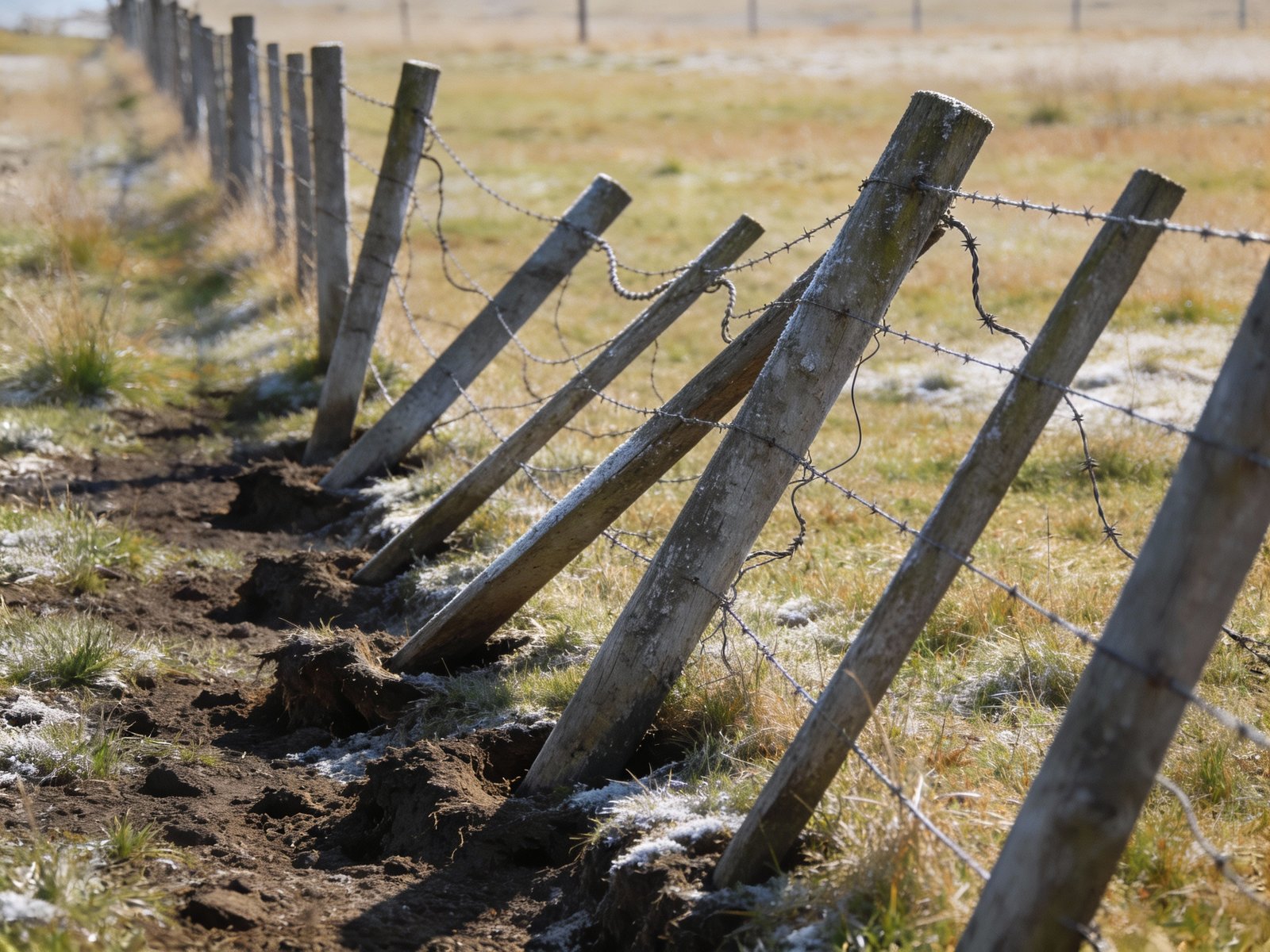Cattle fence post failure caused by frost heave and soil movement