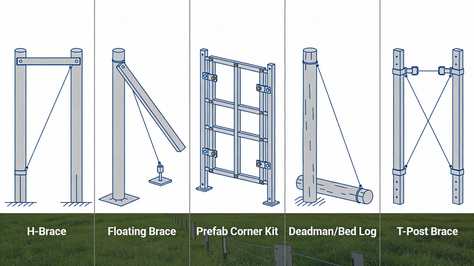 Comparison of common cattle fence corner bracing systems including H-brace and floating brace