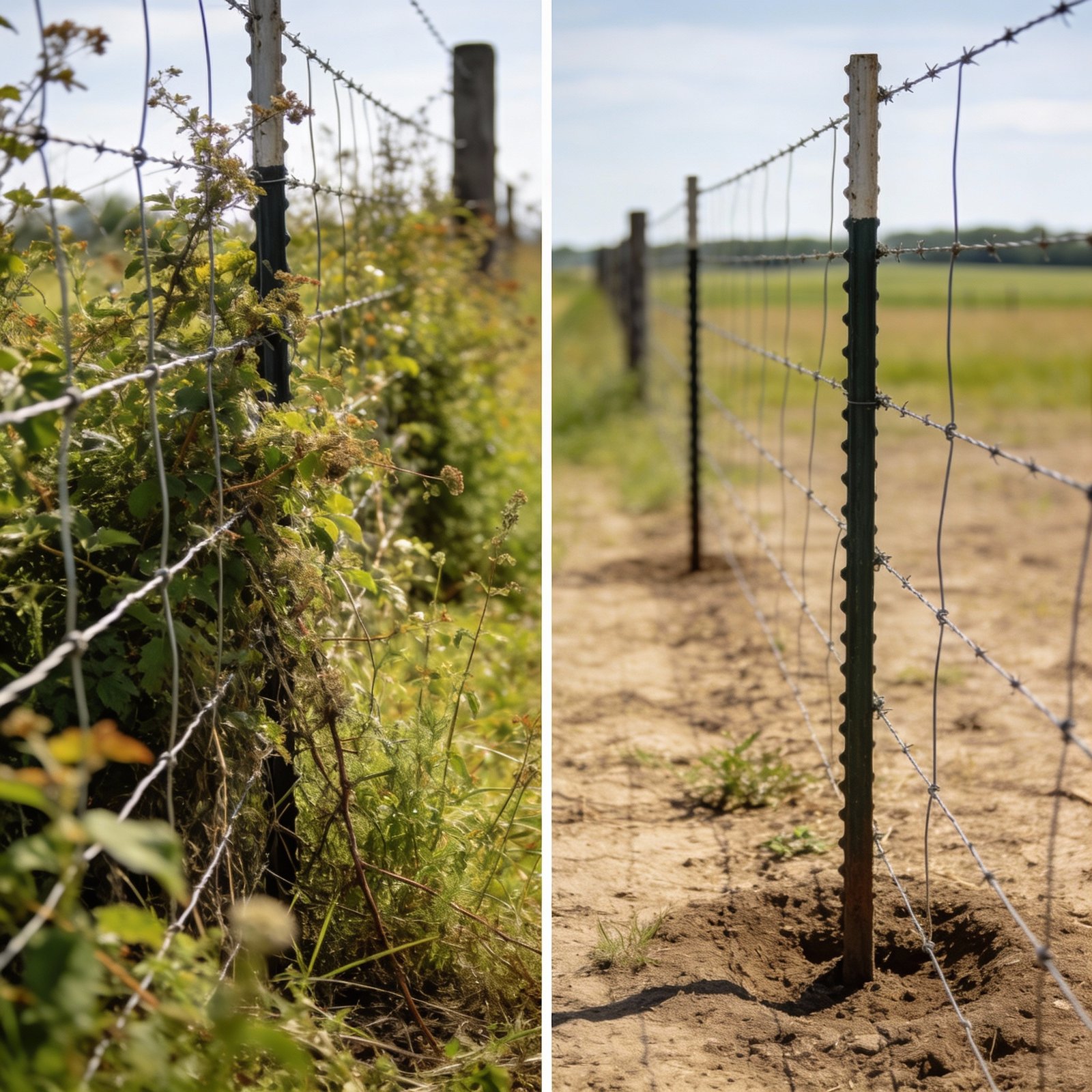 Comparison showing overgrown vegetation versus cleared fence line for proper maintenance