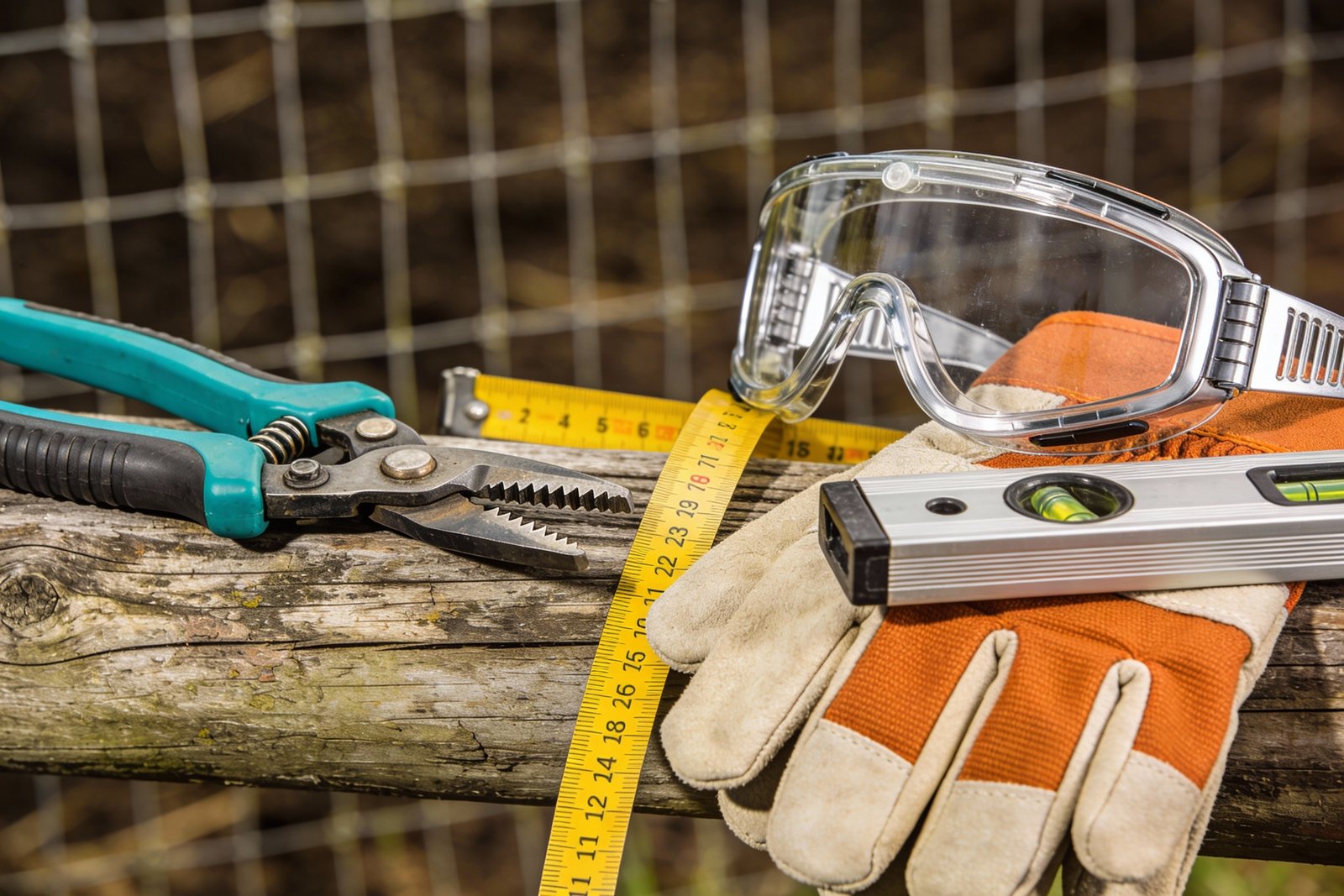 Safety and measuring tools ensuring accurate and secure woven cattle fence installation