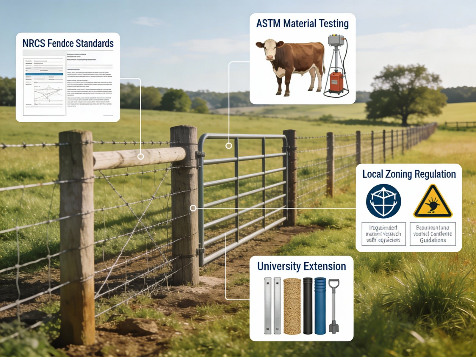 Cattle fence wire standards system including NRCS, ASTM, and regional agricultural regulations
