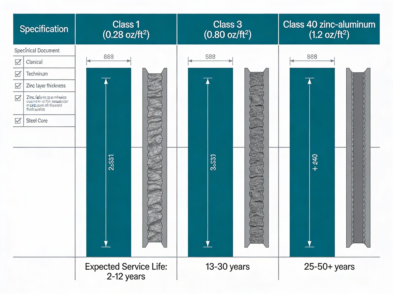 Comparison chart of zinc coating thickness between ASTM Class 1, Class 3, and Class 40 ZnAl wire coatings