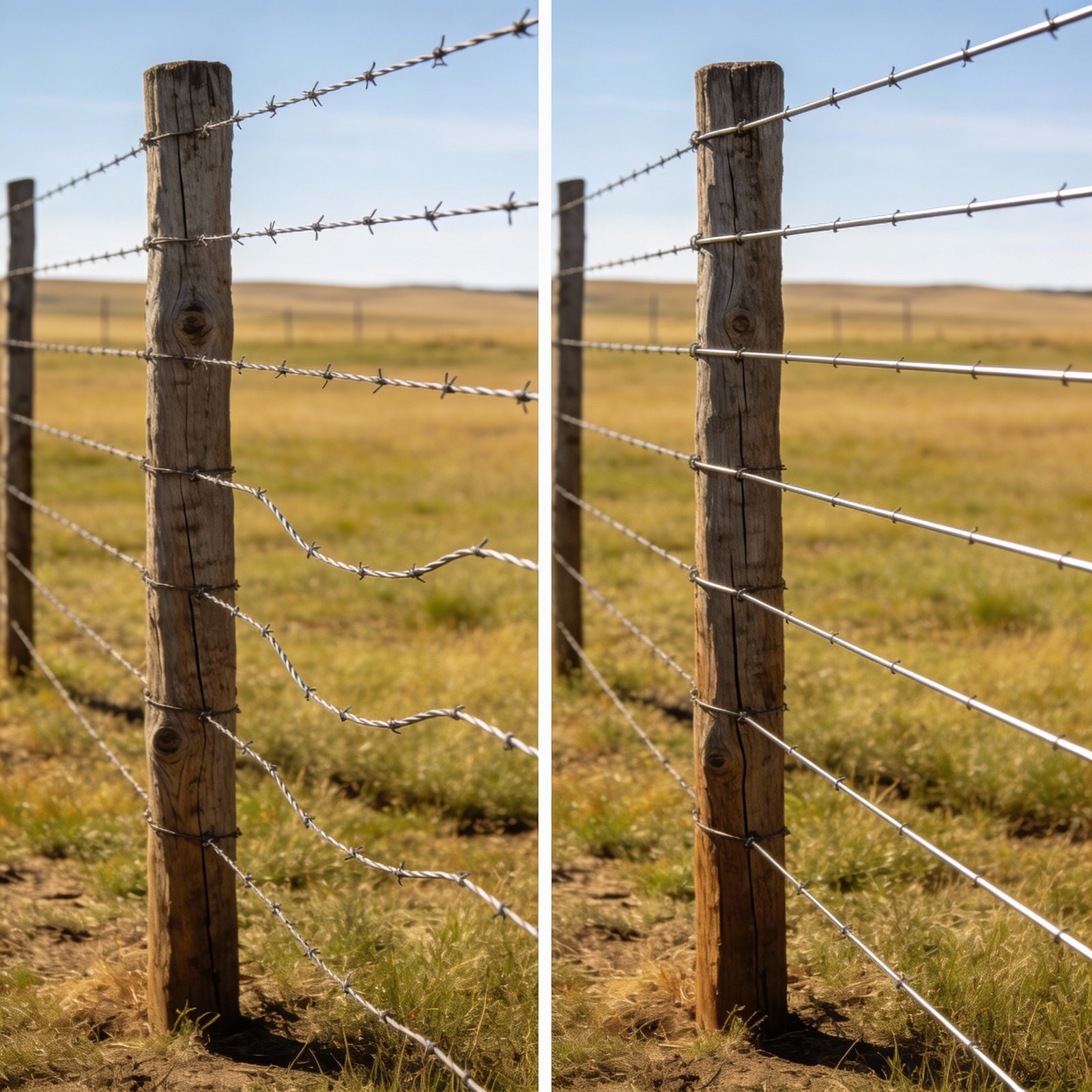 Low-tension versus high-tension woven wire fence comparison showing wire spacing differences