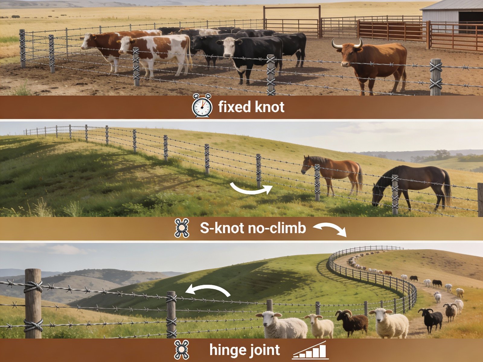 Application guide showing optimal use of fixed knot, hinge joint, and S-knot fencing by livestock and terrain