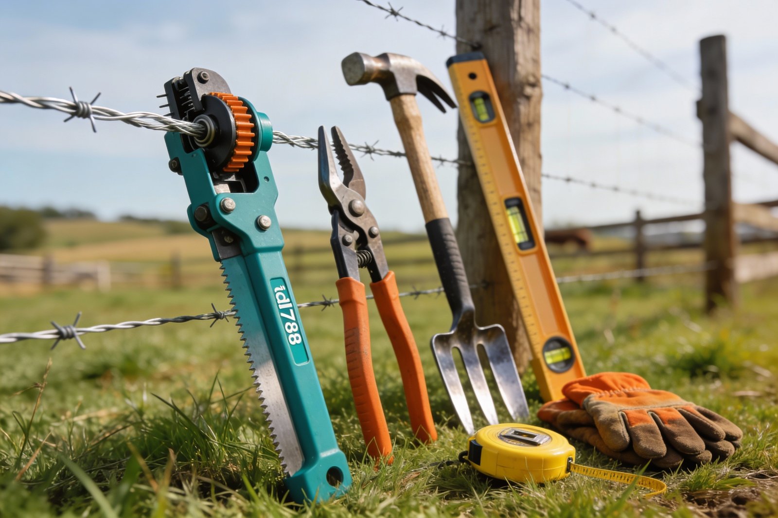 Essential tools required for woven cattle fence installation arranged for professional setup
