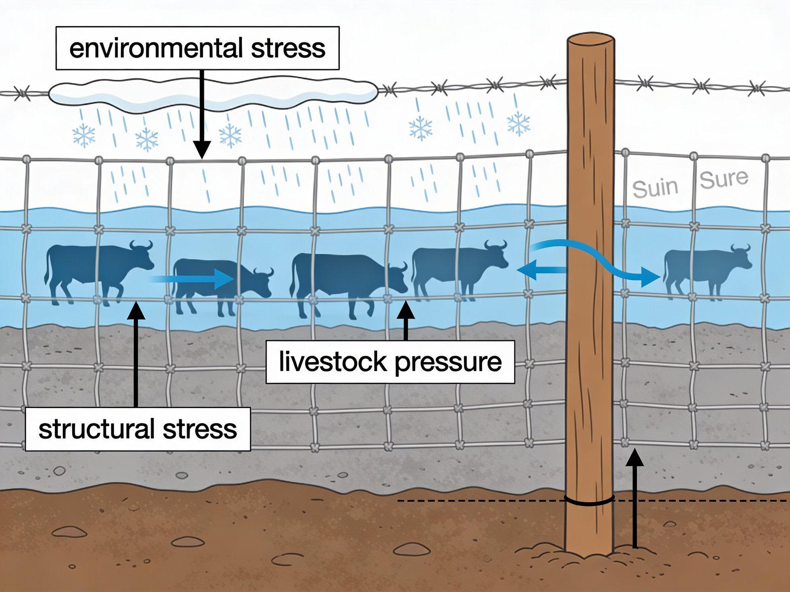 Instructional illustration showing environmental, livestock, and structural stress factors on woven cattle fence
