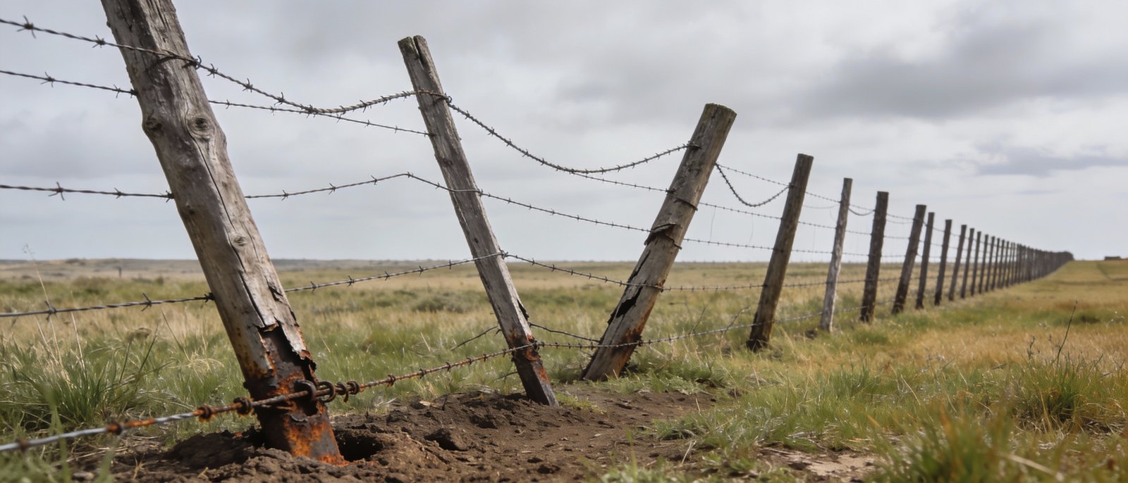 Multiple common cattle fence failure modes including corrosion, post instability, and wire sagging