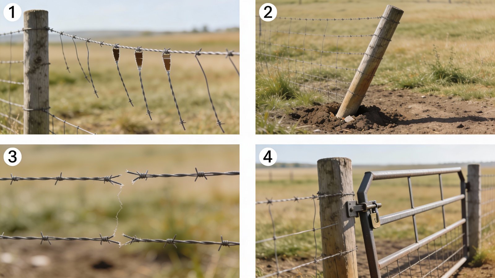 Common cattle fence problems including sagging wire, leaning posts, broken wire, and gate misalignment