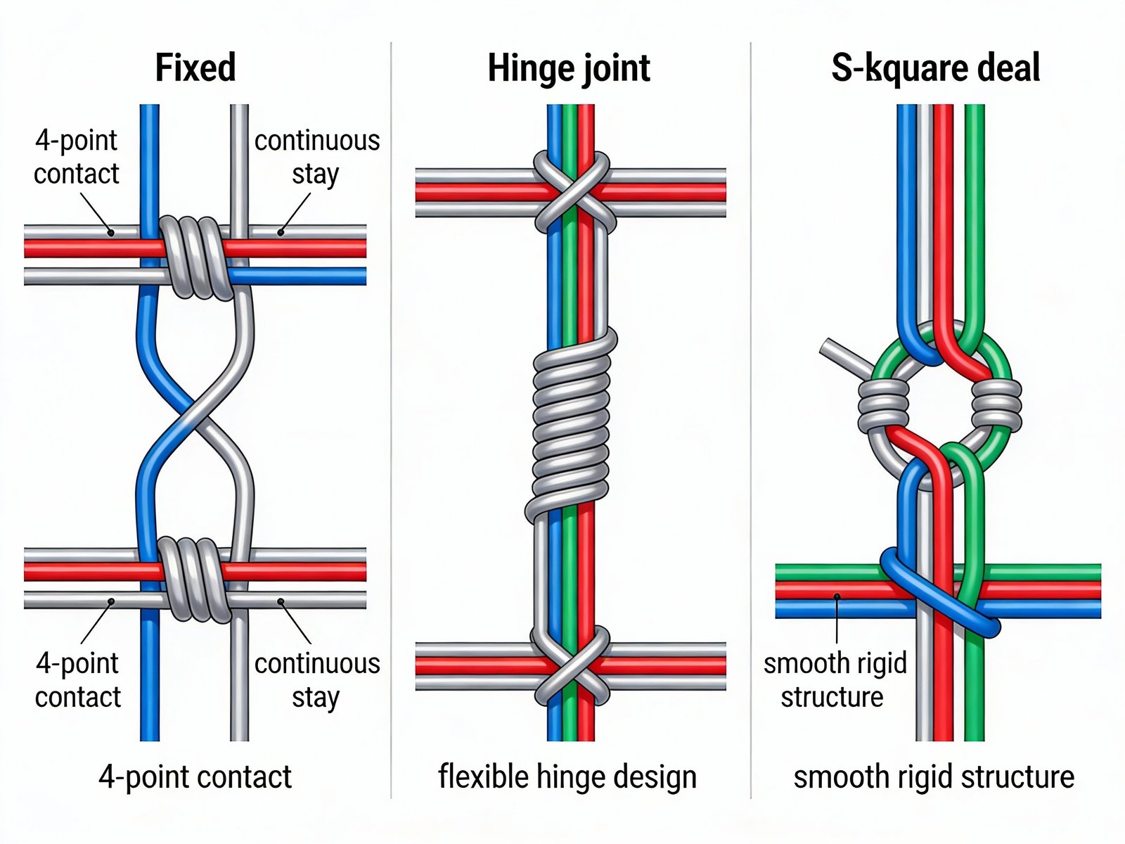 Technical construction diagram comparing fixed knot, hinge joint, and S-knot fence weaving methods