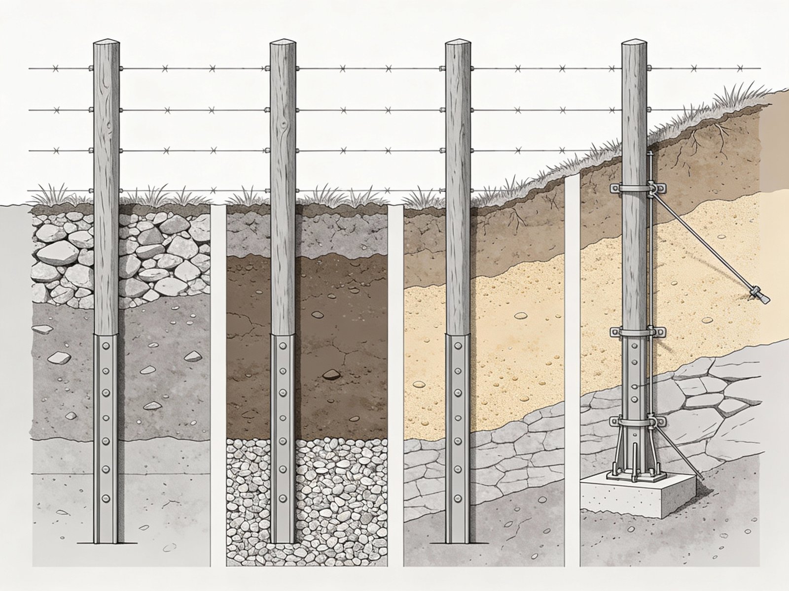 Fence post stability differences across rocky, clay, sandy, and sloped soil conditions