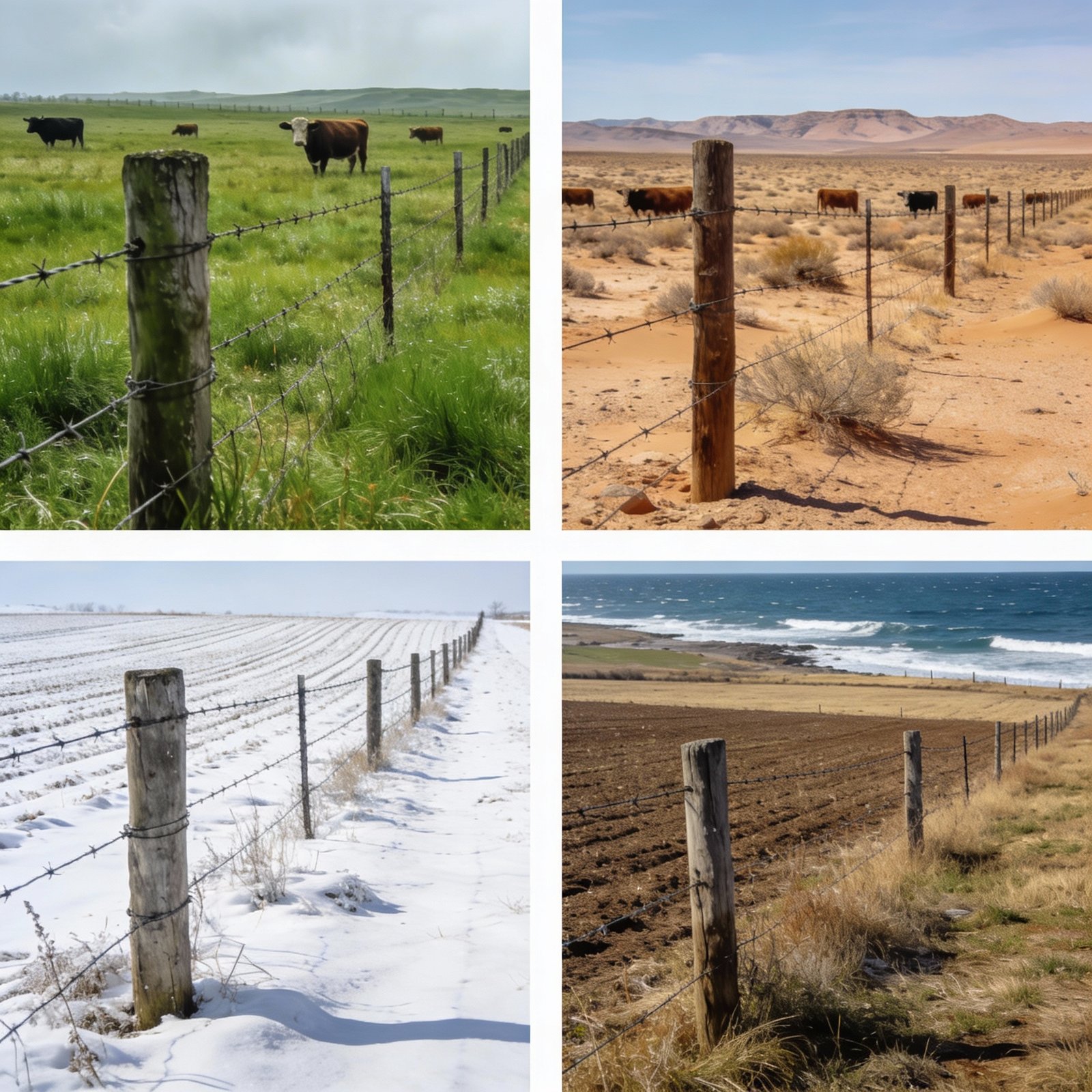 Different environmental conditions affecting cattle fence wire performance, including humid, dry, cold, and coastal climates