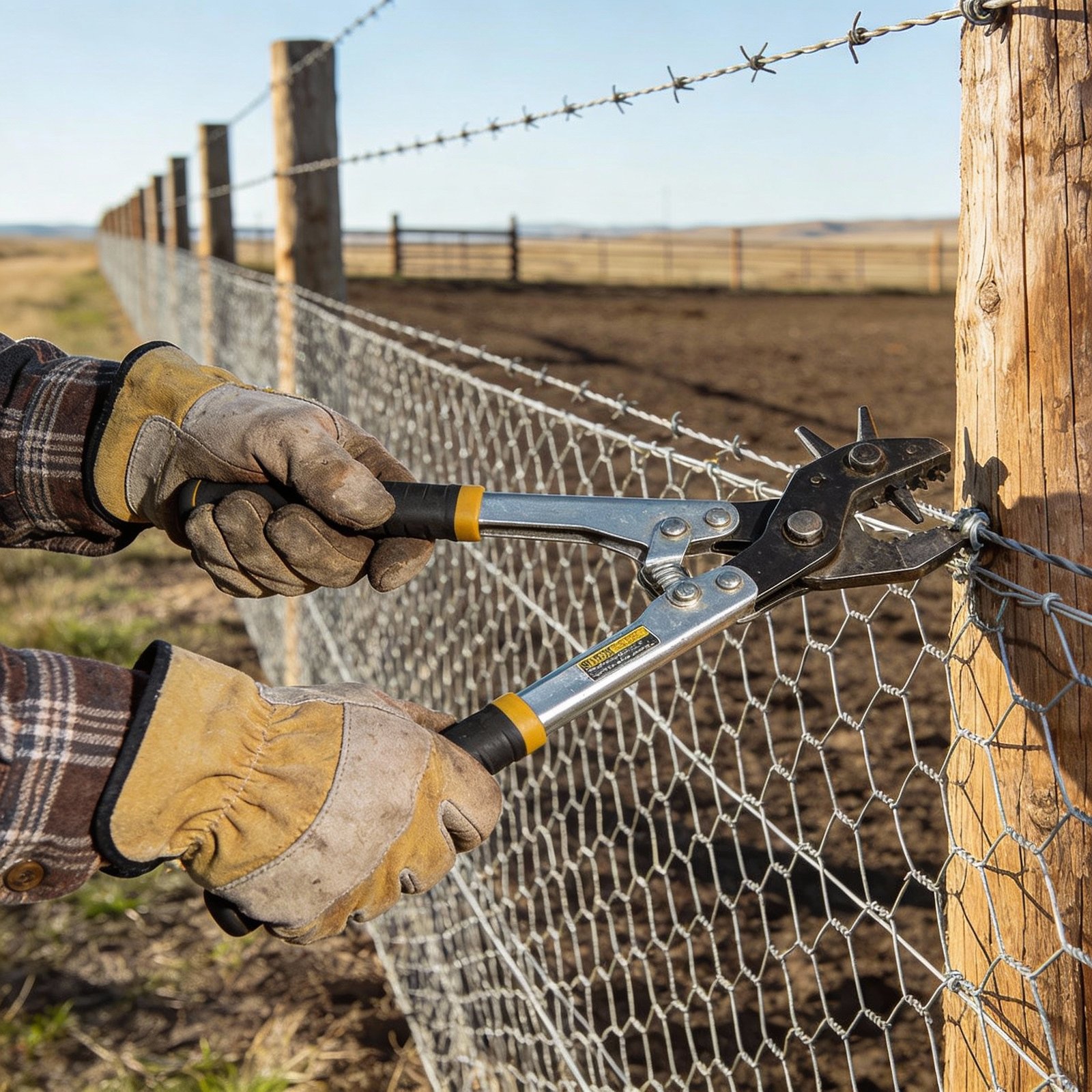 Tensioning woven wire fence using a fence stretcher during installation