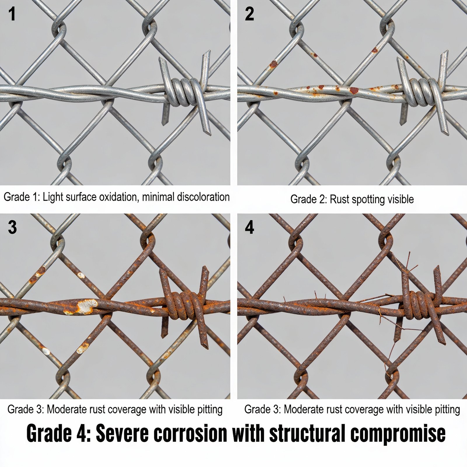 Fence corrosion severity scale showing Grade 1 through Grade 4 progression