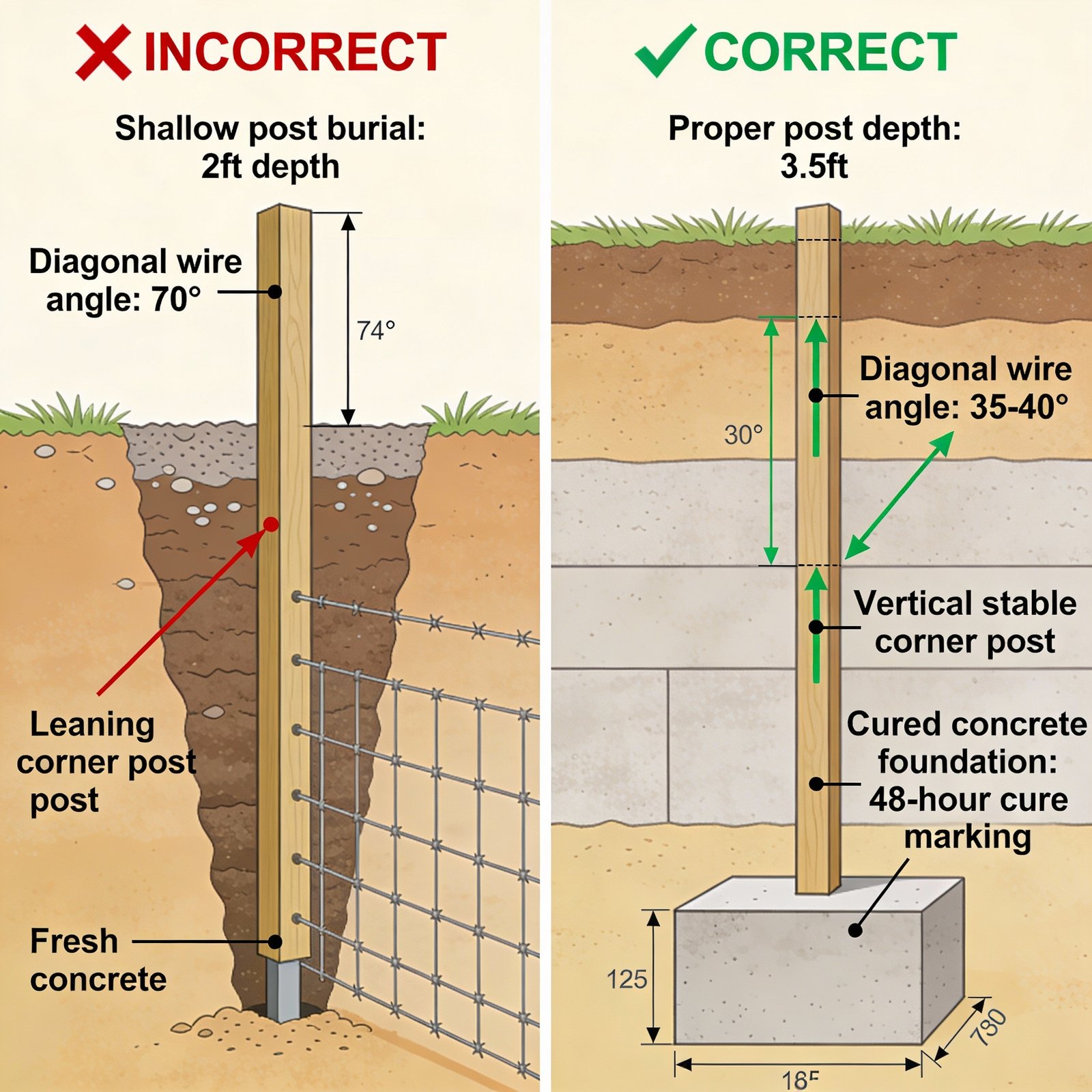 Correct vs incorrect cattle fence corner bracing installation examples