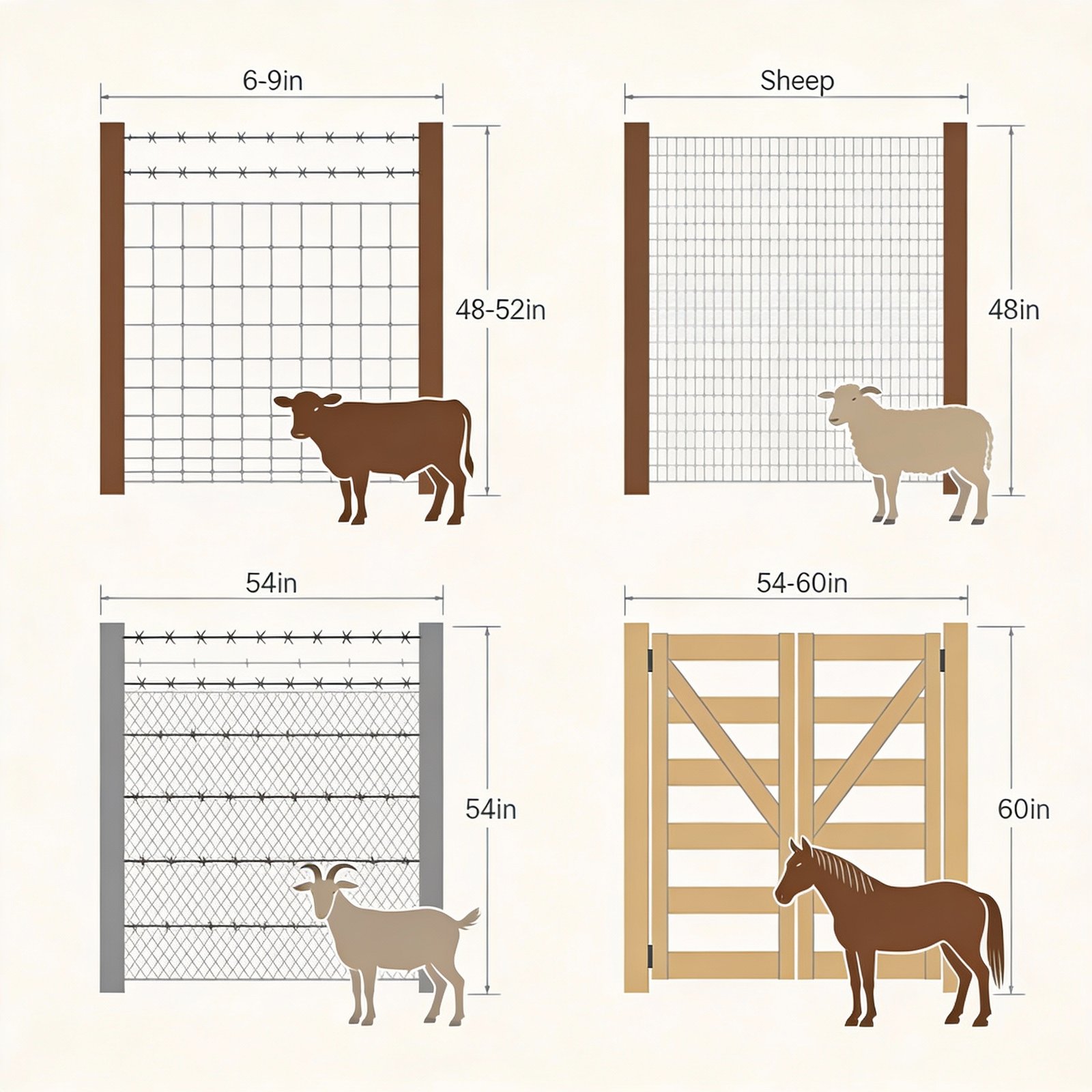 Comparison of fence height and wire spacing requirements for cattle, sheep, goats, and horses